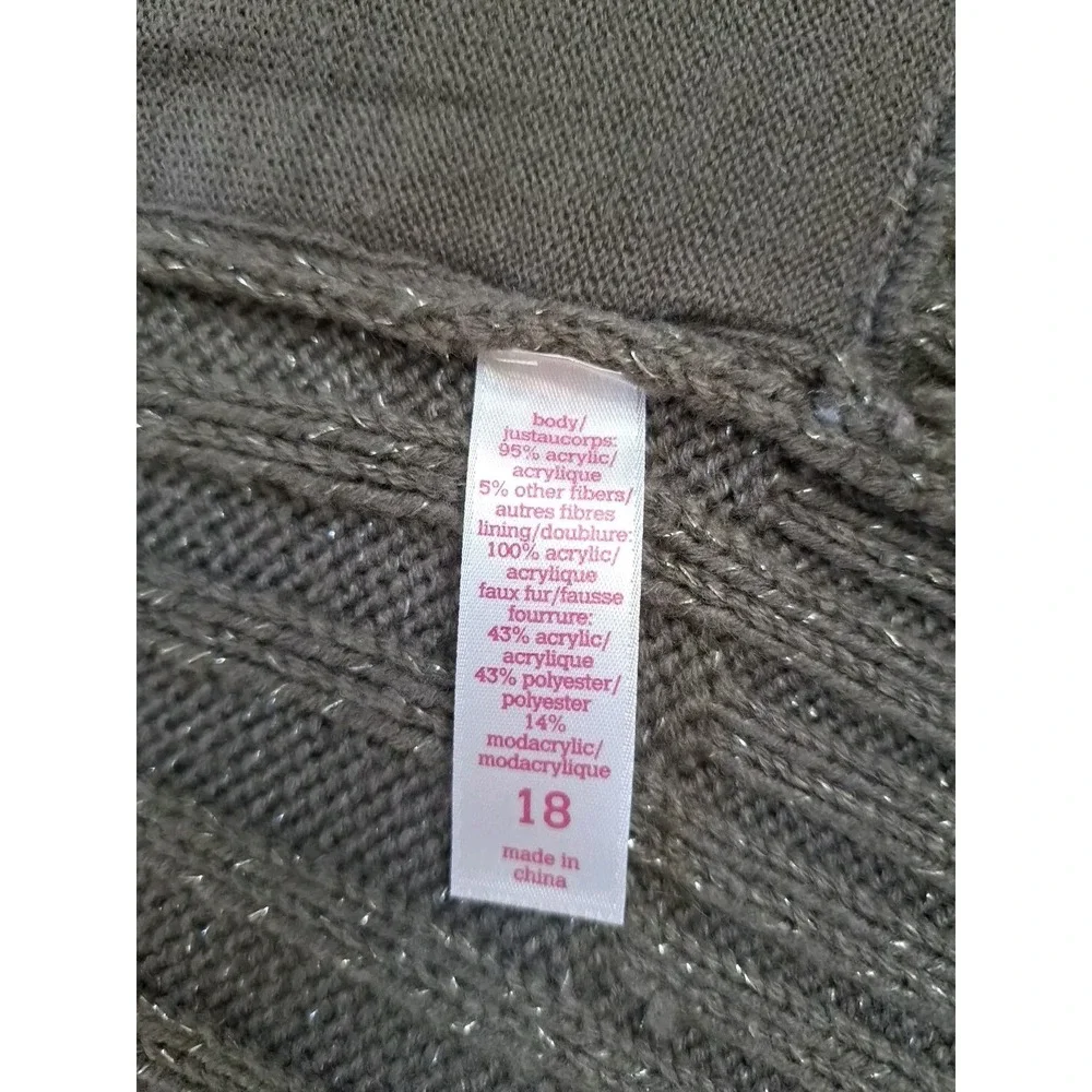 Justice Junior Sz 18 Girls Faux Fur Vest Greenish Brown Full Zip Metallic Thread